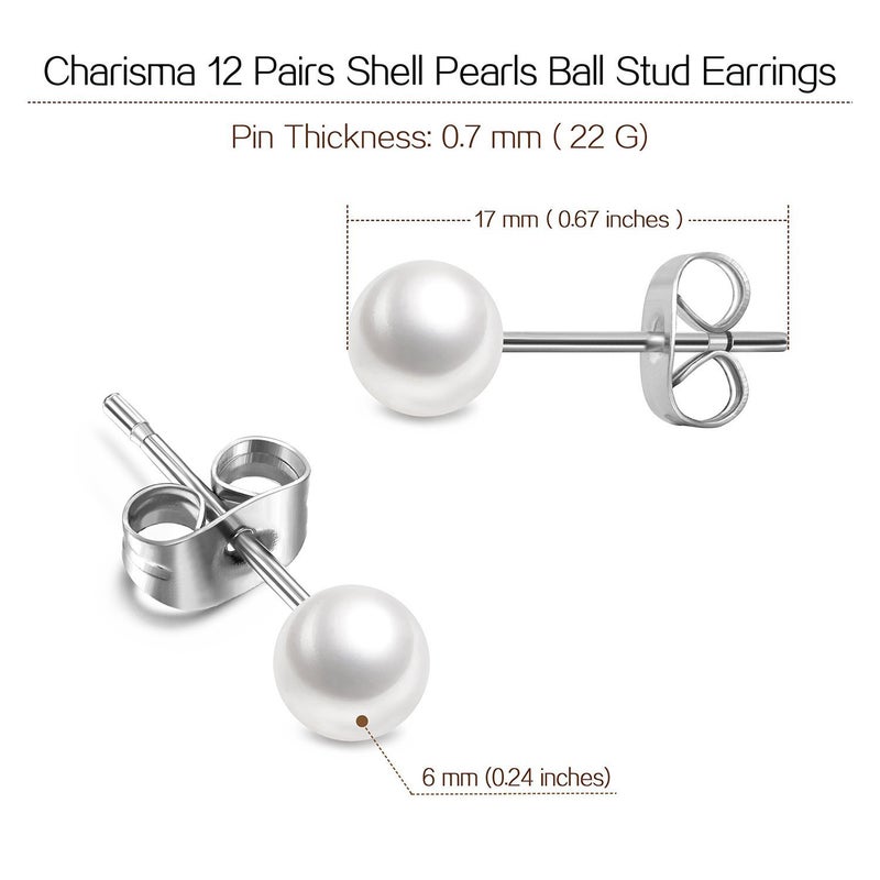 Charisma 6mm Composite Pearl Earrings Round Ball Pearls Stud Earrings Hypoallergenic 12 Pairs Imitation Pearl Earrings Set for Women - Image 4